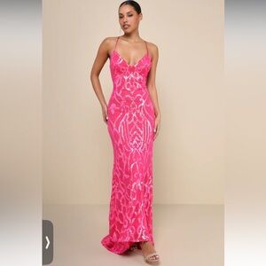 NWT Lulu’s Perfect Enchantment Hot Pink Sequin Lace-Up Mermaid Maxi Dress size M